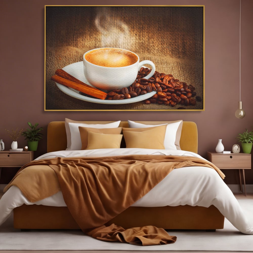 Tablou canvas cu tablou canvas cu ceasca de cafea si scortisoara, in rama de aluminiu auriu, pe perete intr-un dormitor